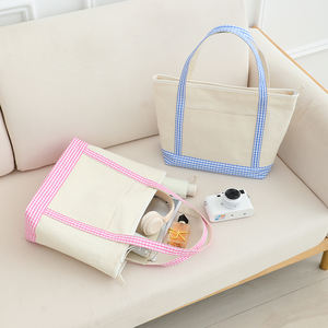 Sac en toile à carreaux blanc crème, sac fourre-tout léger et durable pour femme avec poche extérieure et doublure intérieure lisse - Product Image 4