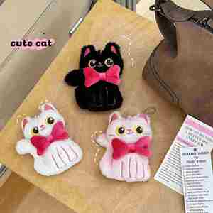 New Cute Big Eyed Cat <b>Keychain</b> White Pink Black Soft Stuffed Animal Doll Pendant Bow Cat Bag Pendant Gift Doll - Product Image 6