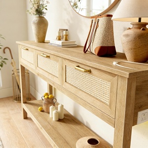 Houten rotan consoletafel, smalle lange salontafel, entreetafel met <span class=keywords><strong>3</strong></span> laden, haken en open opbergplank - Product Image 2