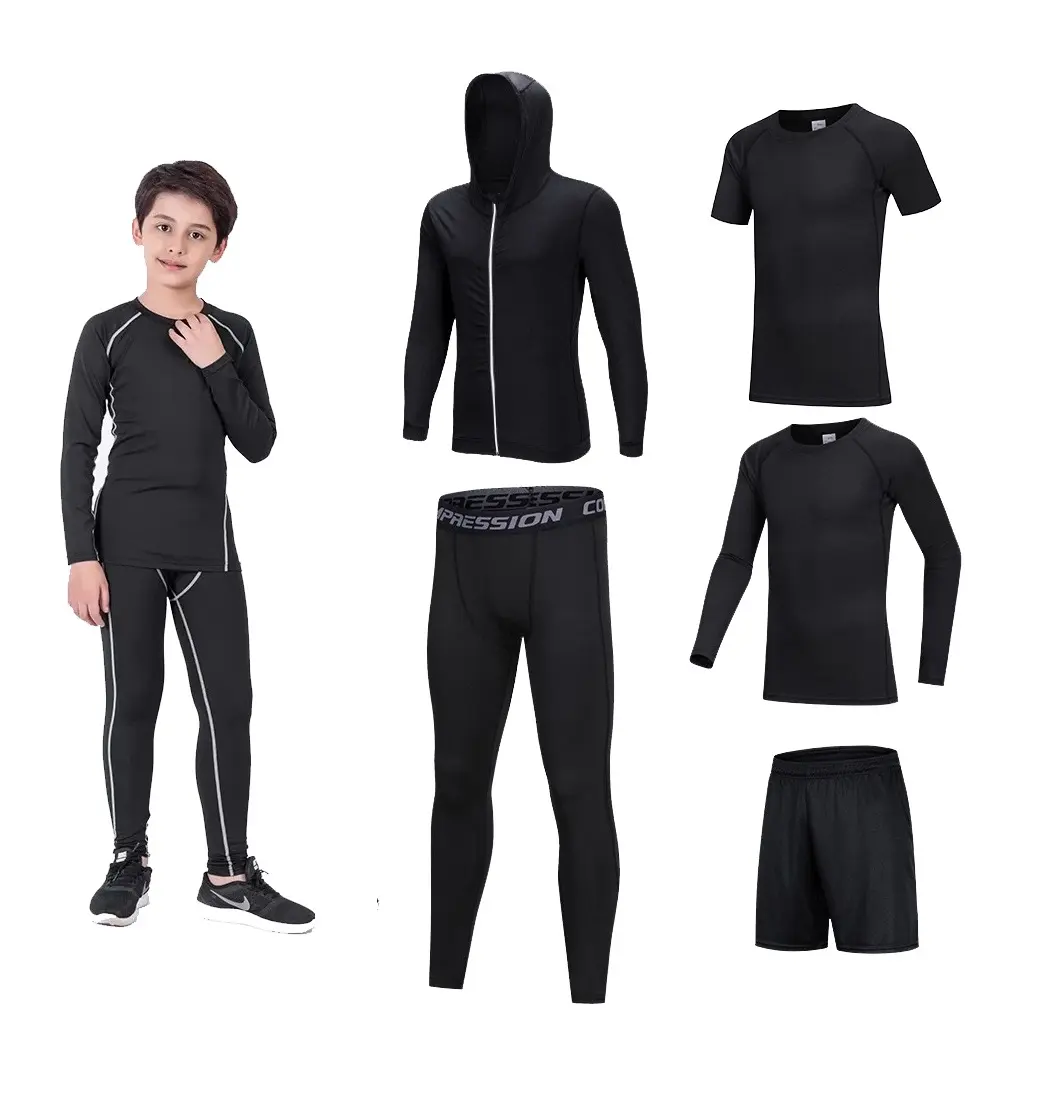 Kids Sweatsuits Quick Dry Polyester OEM Sportswear Workout 5PCS Tracksuit Running Training Compression Wear Fitness Clothing