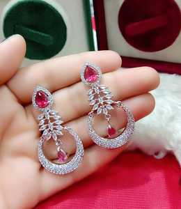 AD <b>Handmade</b> Stylish Trendy Pink Round Diamond Drop <b>Earrings</b> for Women and Girls Chand Bali Studs in Bulk - Product Image 5
