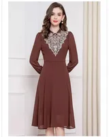 4XL 3XL 2XL femmes robe 2024 printemps été mode grande femme Lurex broderie à manches longues Midi violet marron robe femme 50s