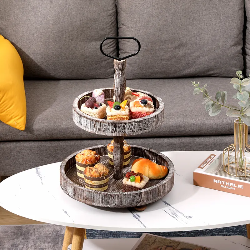 Groothandel Houten Gelaagde Cake Snack Trays Met Metalen Handgrepen Houten Decoratieve Trays