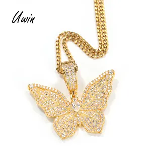 Iced Out CZ Leaf Texture Butterfly Pendant Iced Out Butterfly Charm Jewelry Women Men HipHop Necklace