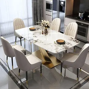Mesa de jantar luxuosa moderna com moldura em aço inoxidável, conjunto de mesa de jantar em concreto para restaurante, tampo de mármore