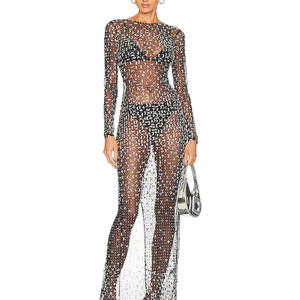 Sexy O collo prospettiva <span class=keywords><strong>maglia</strong></span> cristallo diamante <span class=keywords><strong>abito</strong></span> <span class=keywords><strong>lungo</strong></span> donna <span class=keywords><strong>nero</strong></span> brillante strass perline vedere attraverso il vestito discoteca partito - Product Image 1