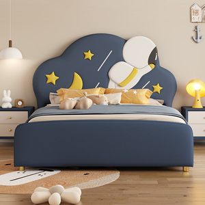 Cama <span class=keywords><strong>Infantil</strong></span> Moderna y Minimalista, Resistente, para Niños, de 1.35m y 1.5m, de Madera Maciza, de 1.8m, con Diseño de Astronauta Espacial de Cuero, para <span class=keywords><strong>Dormitorio</strong></span> - Product Image 1