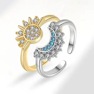 Gran oferta, anillos de sol y luna de diamantes de imitación de cristal abierto chapados en oro y plata para novia, novio