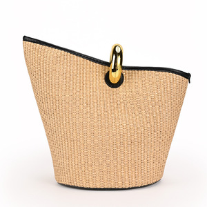 Borsa Tote <span class=keywords><strong>in</strong></span> Paglia Intrecciata Stile Designer di Lusso, Borsa a Secchiello <span class=keywords><strong>in</strong></span> <span class=keywords><strong>Rafia</strong></span> con Finiture <span class=keywords><strong>in</strong></span> Pelle, Borsa a Spalla Grande Capacità per Spiaggia Estiva - Product Image 3