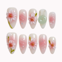 Nouvelles Ongles Press-On en Acrylique Style Chinois Certifiées CE, Forme Amande, Fleur de Pêcher 3D, Paillettes Nacrées, Personnalisables pour Salons de Manucure et Spas