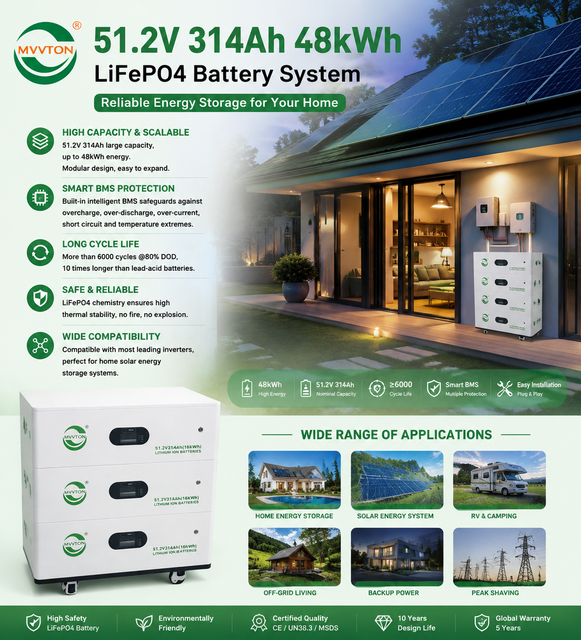Stackable 16kWh 51.2V 314Ah LiFePO4 Battery with Wheels Modular Solar Energy Storage 6000-Cycle for Home Off-Grid Backup Power