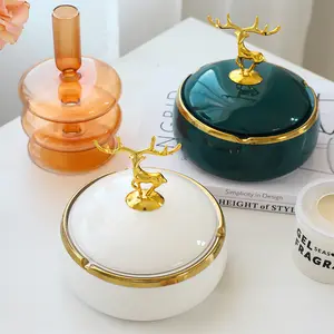 Custom Logo Office Home Luxury Gold Rim Glazed Ceramic Cigarette Ash Tray Ashtray Bowl with Lid