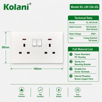 Prise murale britannique double 13A avec interrupteur et voyant néon, 13A, ignifuge, PC, double prise murale 3 broches, Kolani OEM ODM UK