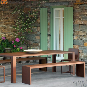 Ensemble table et banc de patio en acier Corten, design moderne, résistant aux intempéries, confortable, mobilier de jardin extérieur pour hôtel et chambre. - Product Image 2
