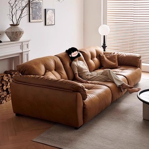 Retro Cloud Shape Genuine Leather <b>Sofa</b> Straight Design Oil Wax Leather Couch With Adjustable Backrest For <b>Small</b> Living Room - Product Image 1