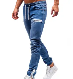 custom casual sports men's jeans washed denim zipper pocket long drawstring jeans outdoor denim pants