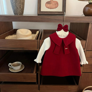 Tongxingyuan Baby Girl Wool Vest Dress Set A Line Bow Red Skirt Outfit First Birthday Clothing - Product Image 1