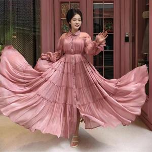 Luxe Swing couleur unie robes de soirée Banquet cérémonie 2025 automne lanterne manches revers simple boutonnage robe plissée - Product Image 3