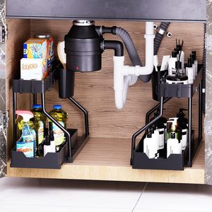 Xiyin Sink Shelf Double Layer Pull Out Storage Rack Kitchen Bathroom Cabinet Organizer Removable Rectangle Standing Type - Product Image 1