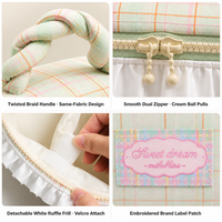 Trousse de Maquillage OEM Gingham pour Femme avec Poignée Torsadée et Volants, Pochette de Rangement Cosmétique et de Toilette Portable de Grande Capacité pour Voyage