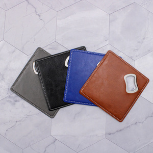 Square stainless steel bottle opener <b>coaster</b>, leather-wrapped, suitable for bars, <b>beer</b> bottles, and as a gift. Creative <b>coaster</b>. - Product Image 2