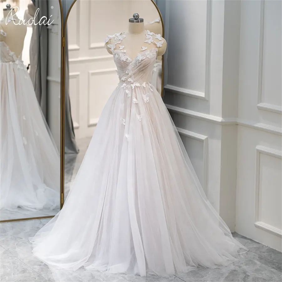 Ruolai QW01526 A-line Sweetheart Cap Sleeve Wedding Dress Appliques and 3D Flower Bridal Dress Gown