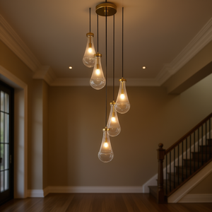 Lámpara colgante ajustable de hierro dorado con 5 luces, bombilla E12, pantalla de cristal grande tipo campana para sala de estar, vestíbulo, escalera - Product Image 2