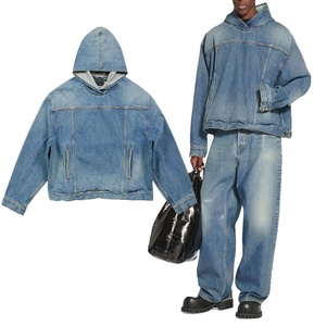 Custom Jean <b>Jacket</b> <b>for</b> <b>Men</b> Light Blue Long Sleeves Cotton Hooded Oversized <b>Denim</b> <b>Jacket</b> - Product Image 1