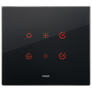 Panel Táctil Inteligente Vimar de 6 Botones con Iconos Rojos y Superficie de Vidrio Negro para Control de Automatización del Hogar - Product Image 1
