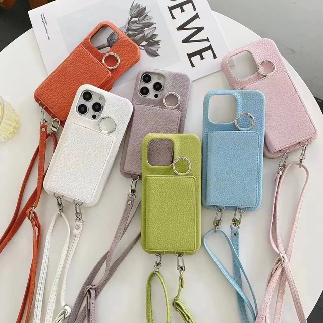 Top Wholesale Design for Iphone Mobile Cell Phone Cover Card Holder Full Grain Pu Leather Lanyard Luxury Mirror Phone Case