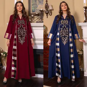 Lower Price Middle East Arab Women Dubai Fashion Autumn and Winter Embroidered Beaded Splicing Stripe Evening Wedding Guest Dres