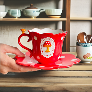 Juego de Taza y Platillo de Cerámica de Alta Calidad con Diseño de Hongo Rojo, Color Subesmaltado, Estilo Japonés Moderno, Apto para Lavavajillas y Microondas - Product Image 2