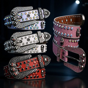 Cinturón de metal con hebilla de calavera Y2K y diamantes de imitación, 105cm, 115cm, 125cm, 135cm, para hombre y mujer, estilo occidental decorativo a la moda - Product Image 1