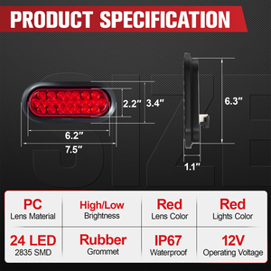 Feu arrière ovale à LED rouge 24 LED de <span class=keywords><strong>6</strong></span>,3 pouces avec lentille rouge, feux de positionnement/anti-brouillard/clignotants pour camions, semi-remorques, 12V, étanche IP67 - Product Image 3