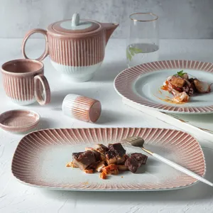 Shengjing Wholesale Luxury Ceramic Plates Dishes Red Brown Fruit Bowl Cup Set Porcelain Dinnerware Sets For Restaurant Hotel