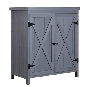 Garden Storage Cabinet Outdoor Tool Shed with Galvanized Top and Two Shelves for Yard Tools or Pool Accessories