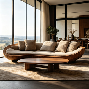 Divano con telaio in fibra di vetro rivestito in simil legno, con struttura a onda, in lino beige, per una moderna residenza con vista sul <span class=keywords><strong>montagna</strong></span> - Product Image 4