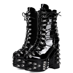 Botines de Mujer Talla Grande 47 con Hebillas Metálicas, Ajuste <span class=keywords><strong>Ancho</strong></span>, Tacones Gruesos Altos, <span class=keywords><strong>Plataforma</strong></span>, Zapatos de Charol, Botines Cortos con Cordones Cruzados - Product Image 2