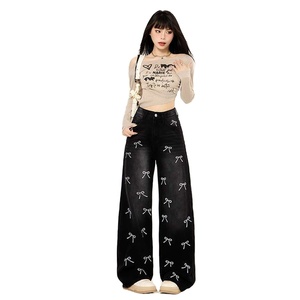 <span class=keywords><strong>Jean</strong></span> pour <span class=keywords><strong>femme</strong></span> <span class=keywords><strong>noir</strong></span> à motif nœud, design unique, coupe ample et droite, style mode, pour début d'automne - Product Image 4