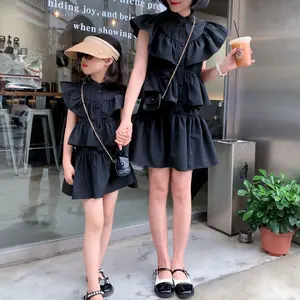 Family matching outfits outfit new frilly dresses ruffle sleeve layer black dress for mother and me girls summer clothes