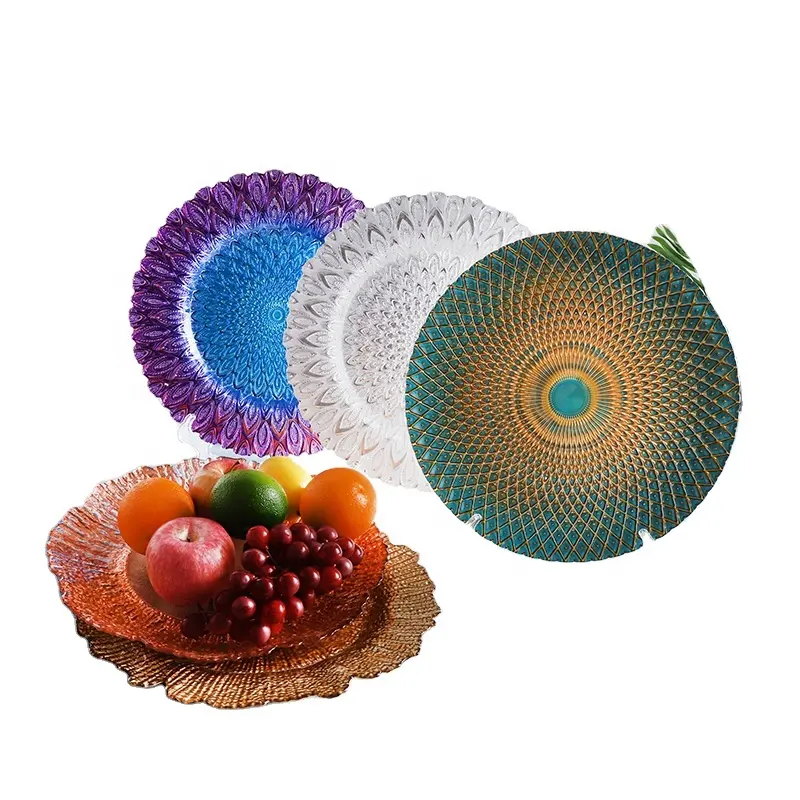 Placa de vidro decorativa para decoração, prato de vidro colorido 13 "para servir frutas e decoração