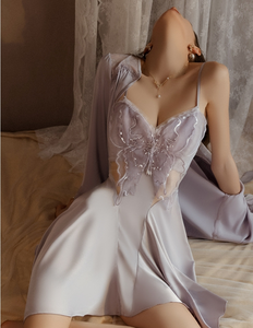 Conjunto de Lencería de Satén con Encaje de Mariposa de Lujo, Estilo Seductor e <span class=keywords><strong>Inocente</strong></span> para Mujer, Camisón y Bata para Estar en Casa - Product Image 2