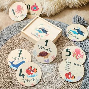 Tarjetas de madera para marcar los meses del bebé con animales marinos, rodajas de madera redondas para accesorios de fotografía de recién nacidos - Product Image 2