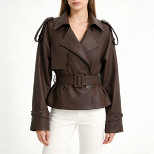 Veste en cuir marron tendance pour <span class=keywords><strong>femme</strong></span>, veste en cuir élégante à col court et cintrée - Product Image 1
