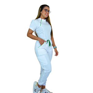 Infirmière personnalisée deux pièces gommage haut à manches courtes élégant Spandex fermeture éclair survêtement médical portant gommages hôpital uniforme ensembles - Product Image 2
