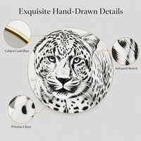 Lot de 4 assiettes en porcelaine artistiques à motifs animaux dessinés à la main, bord doré, en New Bone China, 7,5 pouces, pour desserts, cadeau de luxe pour la maison, OEM ODM