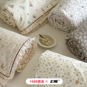 Korean Style Girly All Cotton Summer Quilt Four Piece Set Pastoral Floral Print Cooling <b>Bedding</b> For Women - Product Image 2