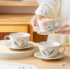 Wholesale Vintage Floral Embossed Ceramic <b>Tea</b> <b>Cup</b> and Saucer <b>Set</b>, Custom Tulip Coffee <b>Cup</b> for Home & Restaurant - Product Image 3
