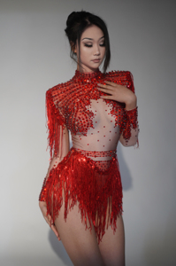 Mono sexy con lentejuelas y flecos para actuaciones en escenario, ropa de festival para Drag Queen, leotardo de fiesta para bailarinas, body con pedrería. - Product Image 2