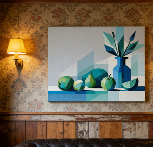 Quadro su tela con natura morta, moderno, <span class=keywords><strong>verde</strong></span> acquamarina, con vaso di frutta, per decorare cucina, soggiorno e casa. - Product Image 4